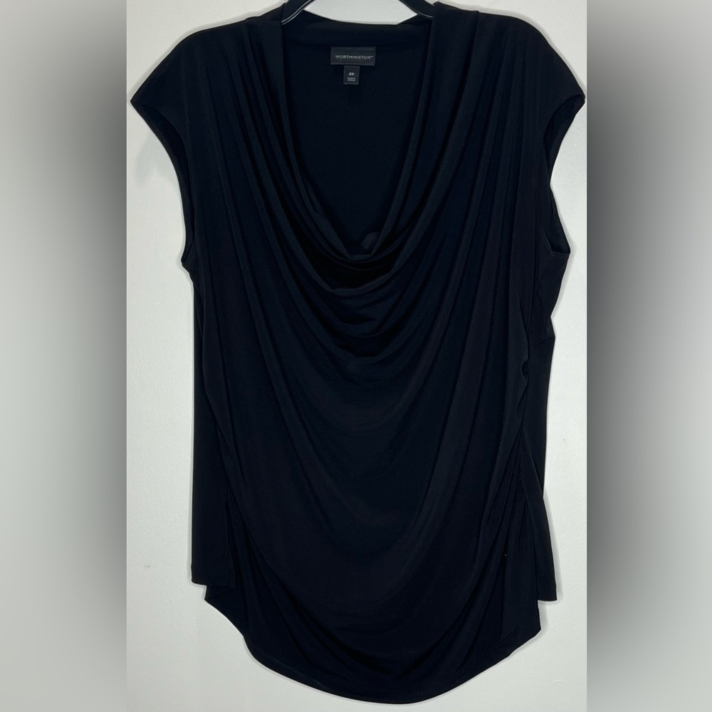 Worthington Black Sleeveless Drape Neck Blouse
